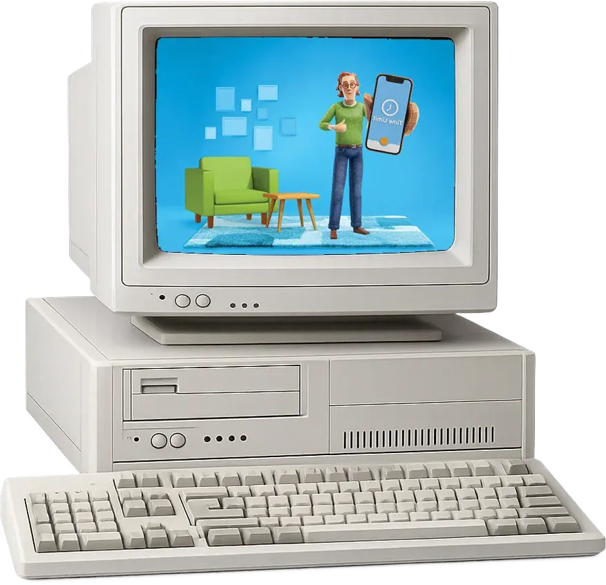 A vintage desktop computer displaying the PlayWise time-limit campaign