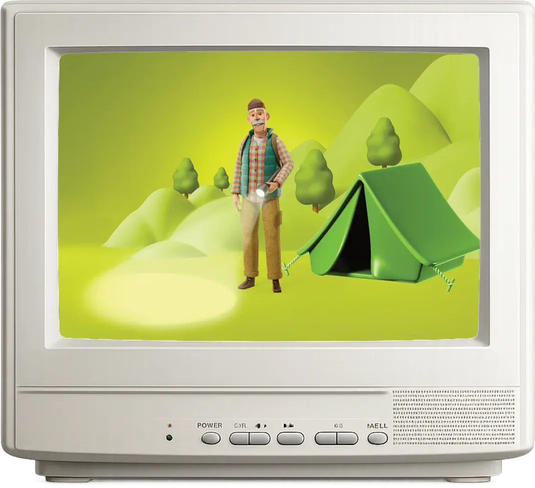 A vintage television showing an animated camper holding a flashlight beside a green tent