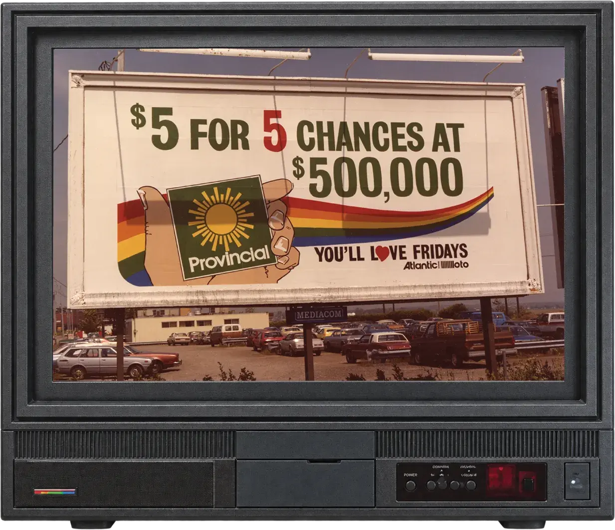 A vintage television showing a 1980s roadside billboard advertising “$5 for 5 chances at $500,000” for the Provincial lottery